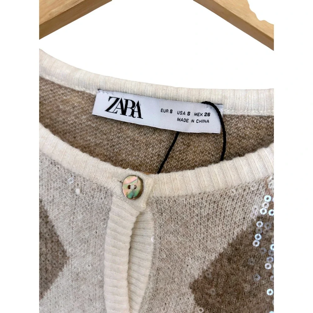 Zara Women Argyle Sequin Cropped Cardigan Sweater Tan Cream Wool Blend Small